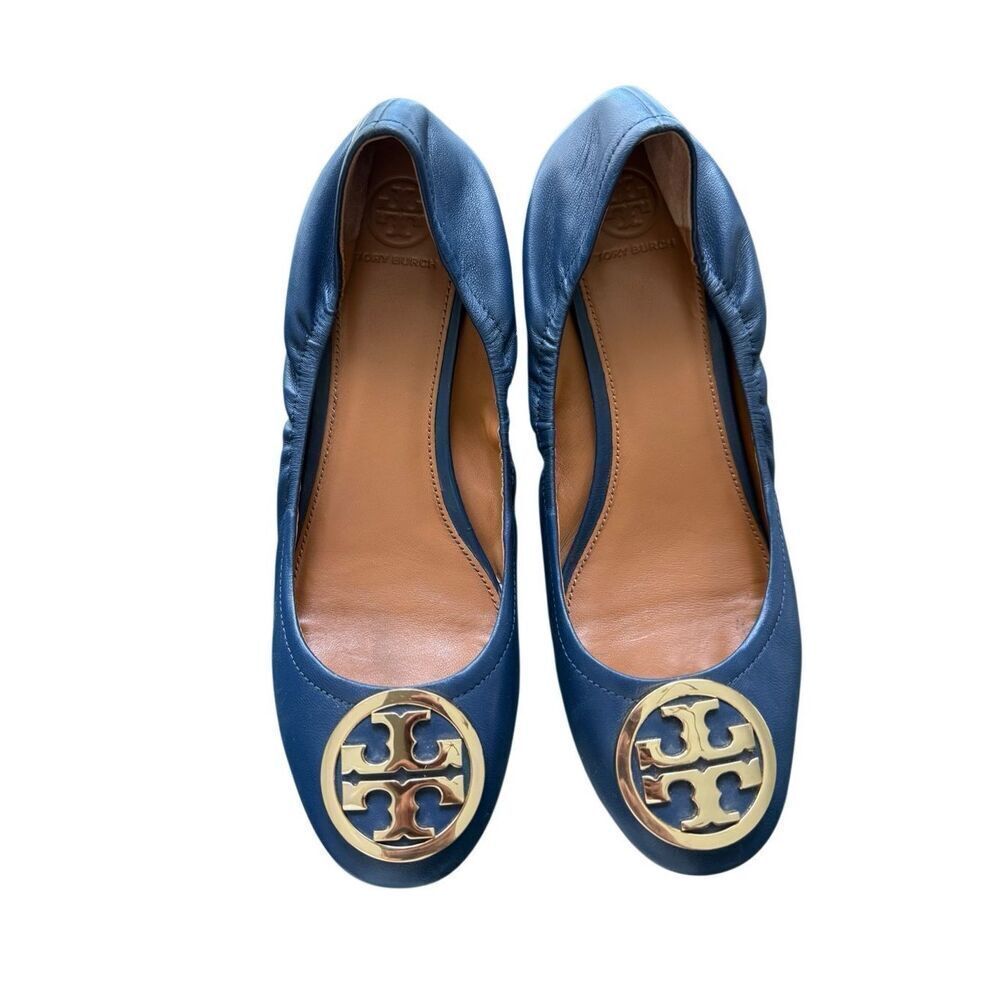 Tory Burch Womens Blue Gold Chelsea Leather Low Block Heel Ballet Flats Size 9M